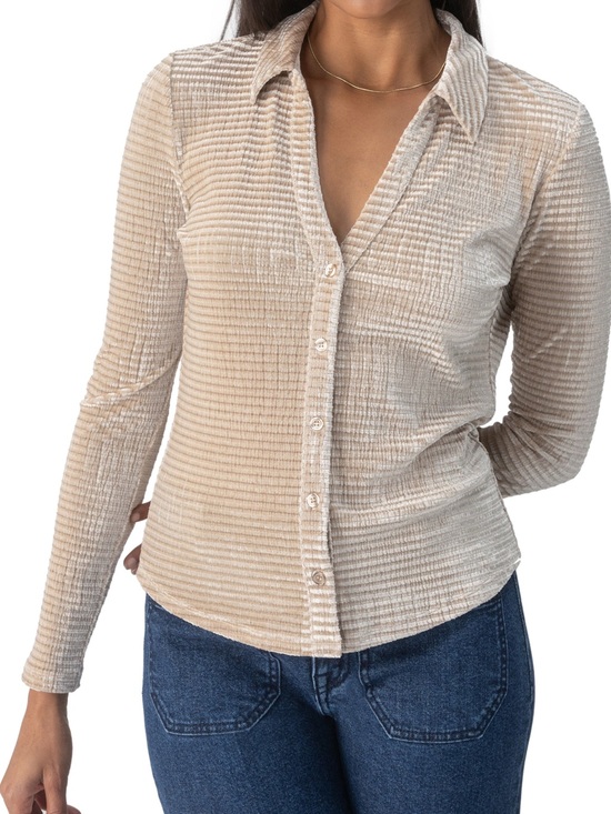 Sanctuary Tops - Sanctuary Cream Frosted Almond Textured Velvet Long-Sleeve Button-Front Shirt